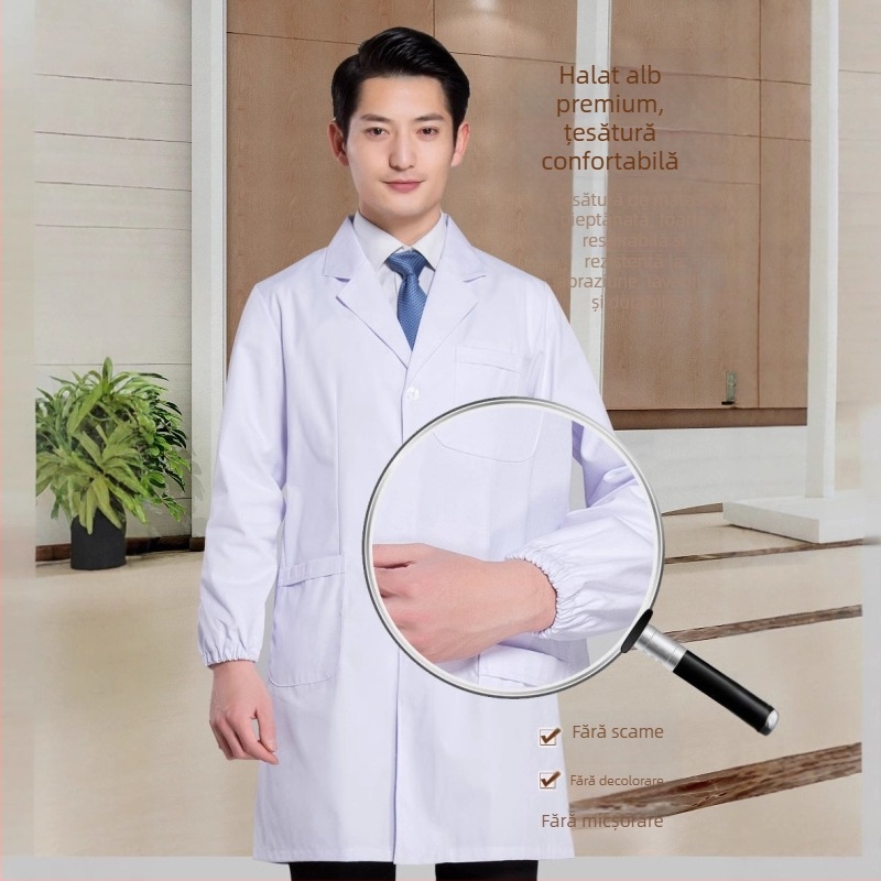 Nightingale halat alb medical unisex cu manșete elastice, țesătură bumbac-poliester, absorbție a umezelii, pentru studenți și profesioniști