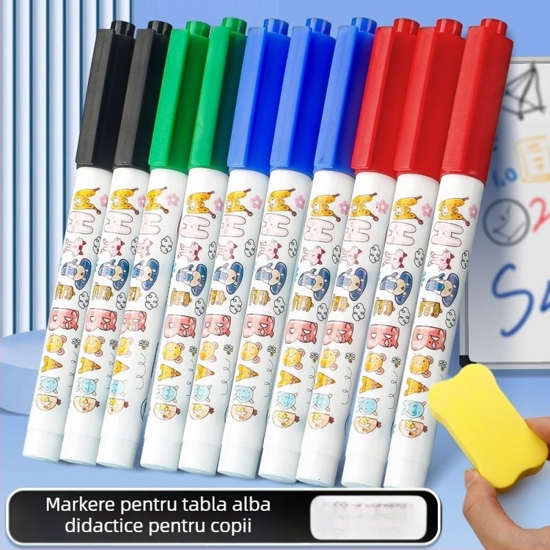 Set colorat de markere pentru tablă albă pentru copii, ambalaj pe card, include radieră, potrivit pentru predare în sala de conferințe, markere ștergibile
