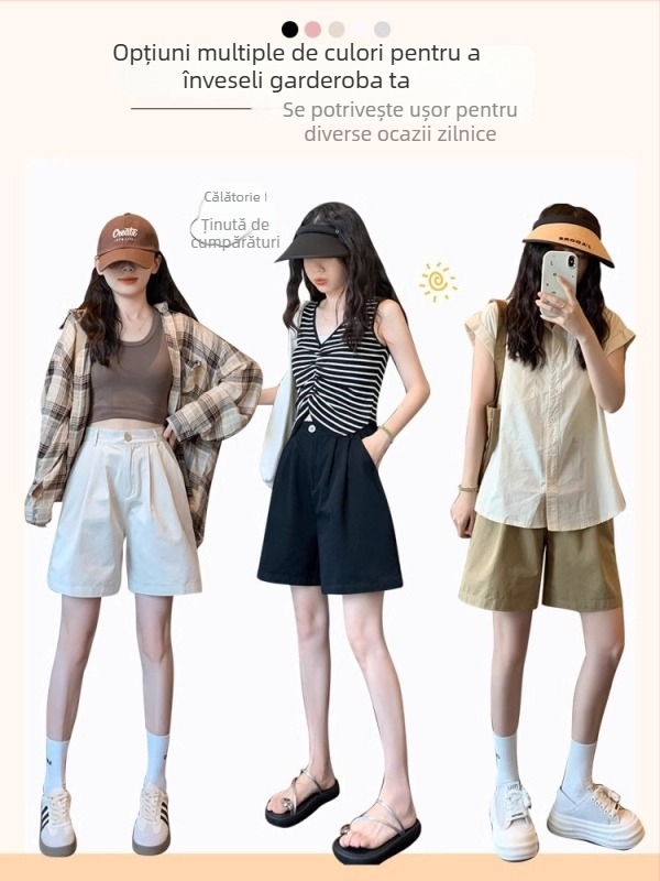 Pantaloni scurți pentru femei din bumbac 100%, stil american, stil coreean, croială largă, lungime până la genunchi, vară 2025, ușori, croială lejeră, linie A