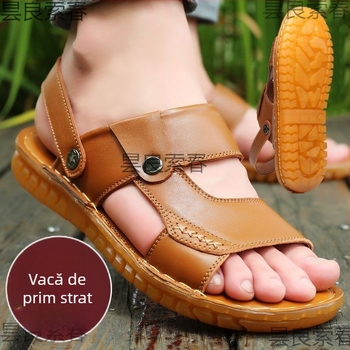 Sandale pentru bărbați din piele de vită de top, talpă TPU, deget deschis, vară casual, antiderapante, talpă moale, închidere cu cataramă