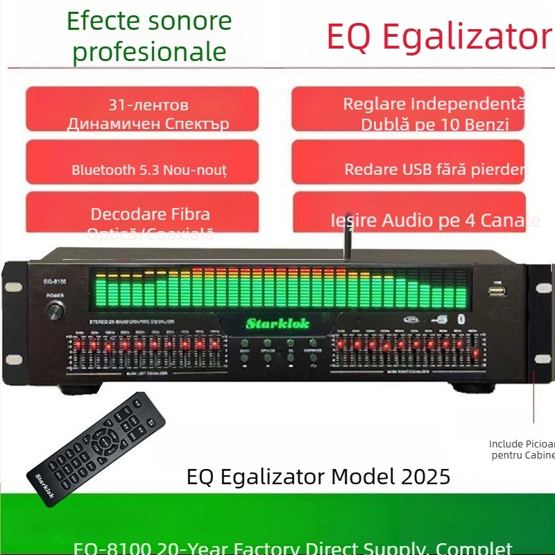 Ecualizator profesionist EQ cu Bluetooth 5.4, decodare audio digitală prin fibră optică și coaxială, USB Flash Drive, preamplificator/player audiofil
