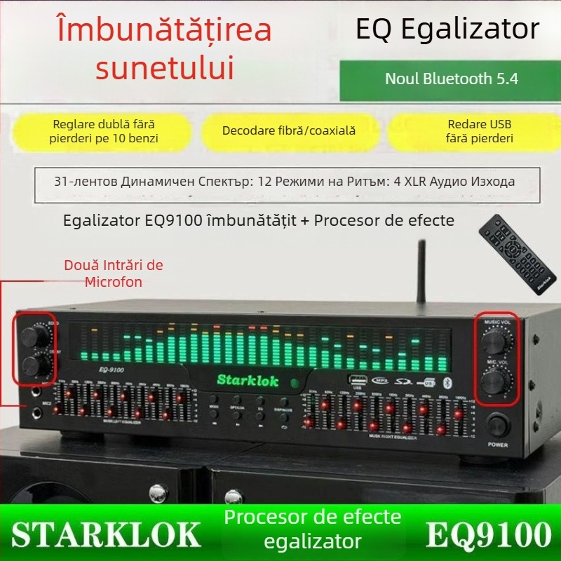 Ecualizator profesionist EQ cu Bluetooth 5.4, decodare audio digitală prin fibră optică și coaxială, USB Flash Drive, preamplificator/player audiofil