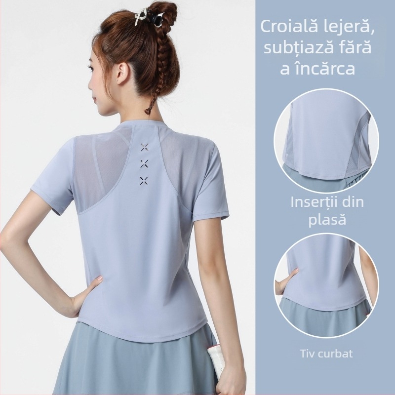 Tricou pentru femei pentru yoga și alergare, mâneci scurte, material uscat rapid, panou din plasă, antrenament Pilates și fitness