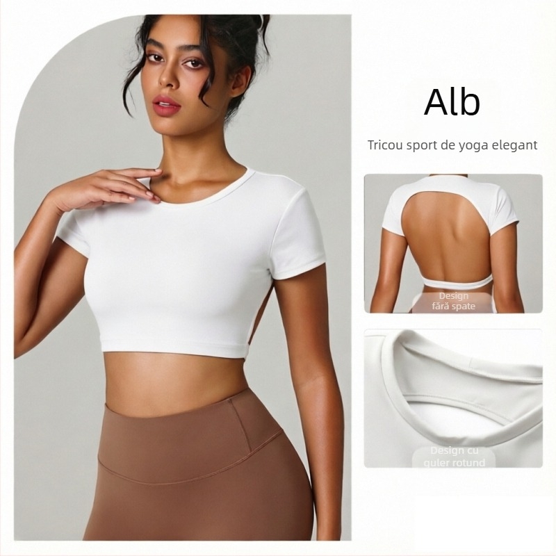 Top sport scurt, cu spate deschis, croială mulată, lungime la talie; material nylon/spandex, uscare rapidă, respirabil, pentru yoga și exerciții