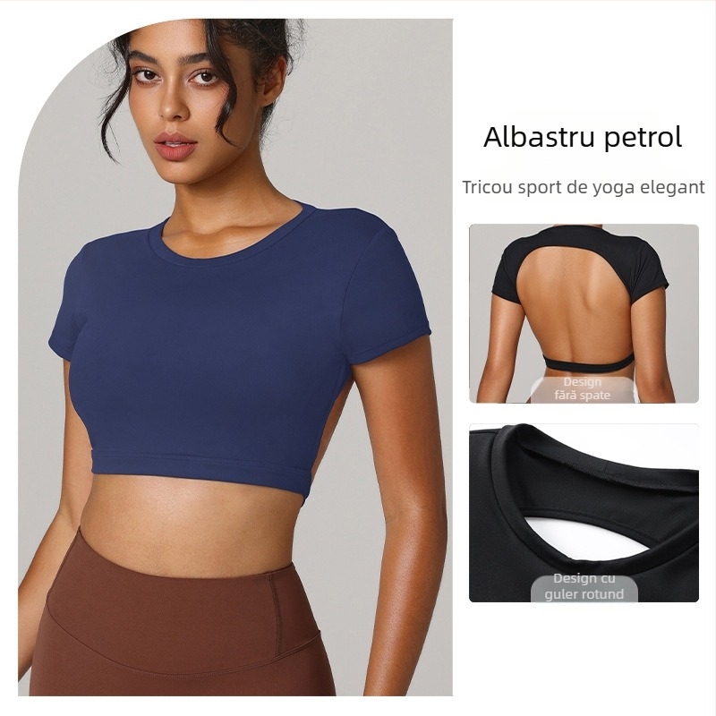 Top sport scurt, cu spate deschis, croială mulată, lungime la talie; material nylon/spandex, uscare rapidă, respirabil, pentru yoga și exerciții