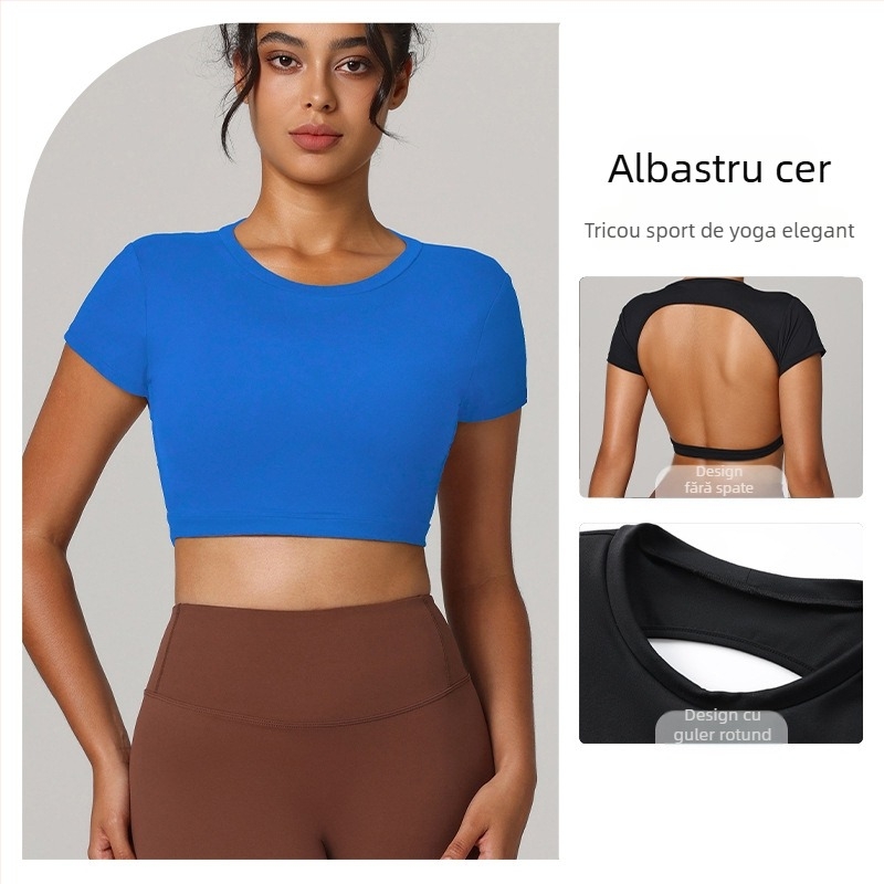 Top sport scurt, cu spate deschis, croială mulată, lungime la talie; material nylon/spandex, uscare rapidă, respirabil, pentru yoga și exerciții