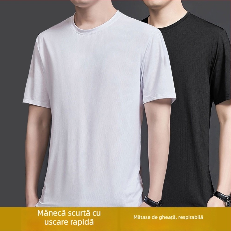 Tricou bărbați cu mânecă scurtă din ice silk, uscare rapidă, respirabil, croială lejeră, culoare solidă, pentru sport și timp liber