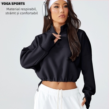 Hanorac damă gros, pentru toamnă-iarnă, mâneci lungi, jachetă cu fermoar parțial, croială lejeră pentru yoga și fitness