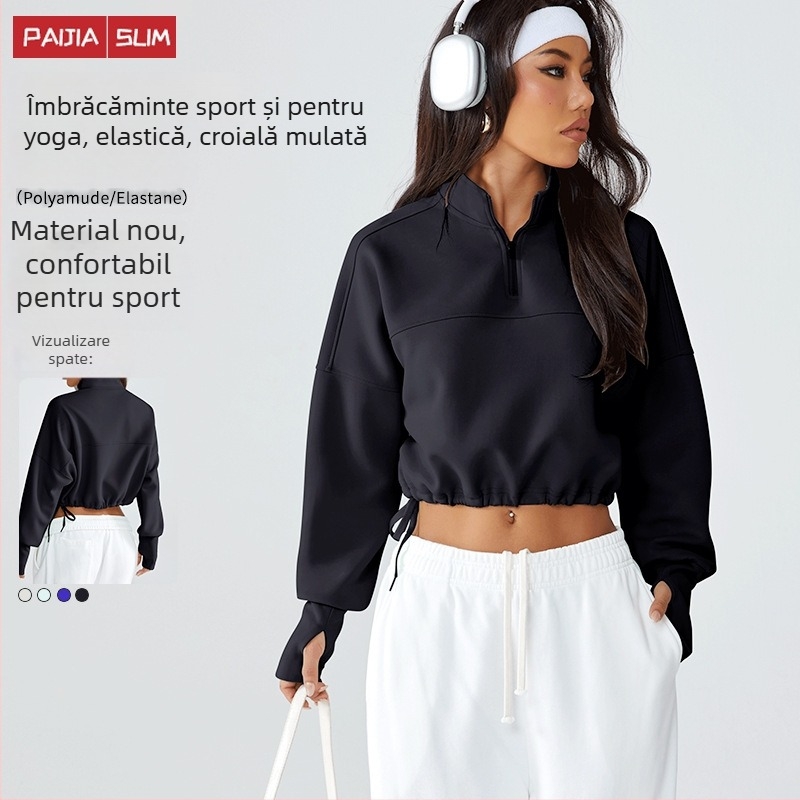 Hanorac damă gros, pentru toamnă-iarnă, mâneci lungi, jachetă cu fermoar parțial, croială lejeră pentru yoga și fitness