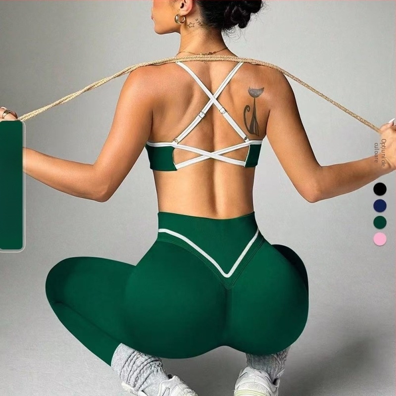 Set sportiv femei, două piese, fără cusături, guler în formă de U, top de yoga cu spate încrucișat, talie înaltă, ridicare a feselor, pentru fitness și alergare
