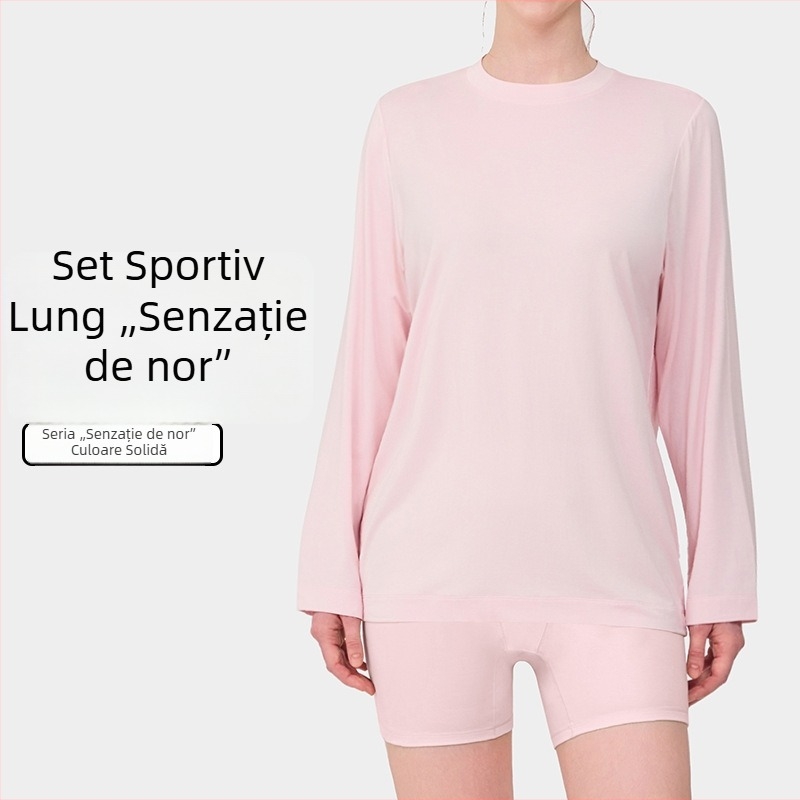 Set femei pentru yoga și fitness: tricou cu mânecă lungă, guler rotund, material ușor, colanți strâmți pentru antrenament și relaxare