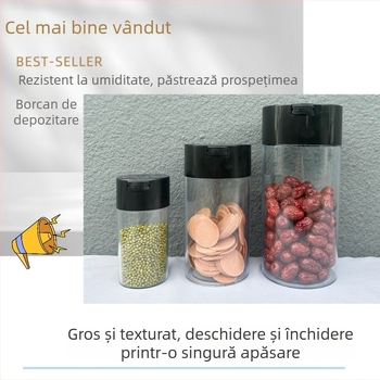 Borcan sigilat Honeypot, capac negru, corp transparent, rezistent la umezeală, pentru ceai și alimente, din plastic PS, 550 ml