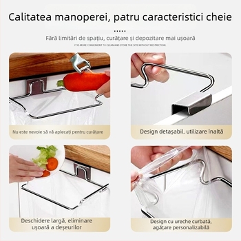 Raft pentru gunoi din oțel inoxidabil, montat pe perete, pentru ușa dulapului de bucătărie, organizare compactă a sacoșelor de gunoi