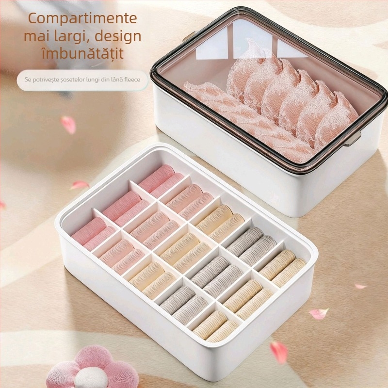 Cutie de depozitare pentru lenjerie, cu sertar și capac transparent; compartimente pentru sutiene, lenjerie și șosete