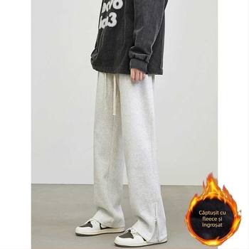 Pantaloni casual de iarnă pentru bărbați, cu fermoar și deschidere, croială ușor evazată, largi, căptuți cu fleece
