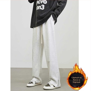 Pantaloni casual de iarnă pentru bărbați, cu fermoar și deschidere, croială ușor evazată, largi, căptuți cu fleece