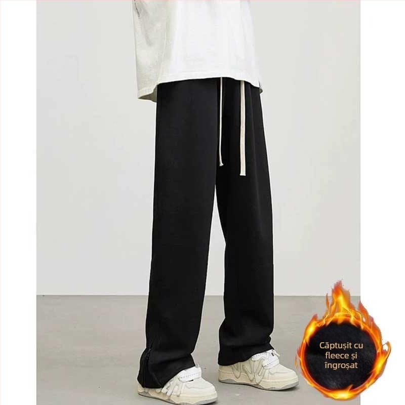 Pantaloni casual de iarnă pentru bărbați, cu fermoar și deschidere, croială ușor evazată, largi, căptuți cu fleece