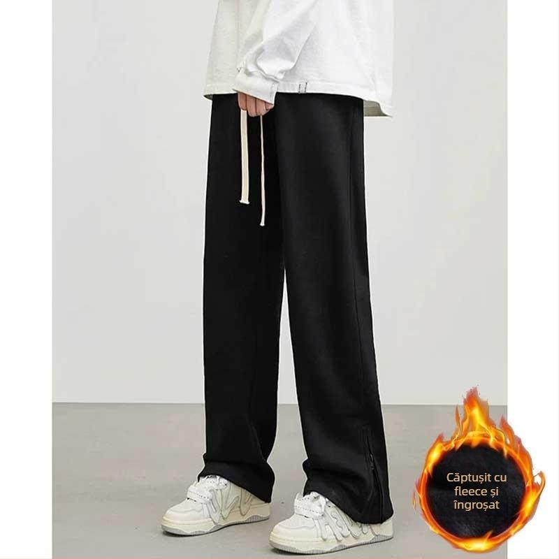 Pantaloni casual de iarnă pentru bărbați, cu fermoar și deschidere, croială ușor evazată, largi, căptuți cu fleece