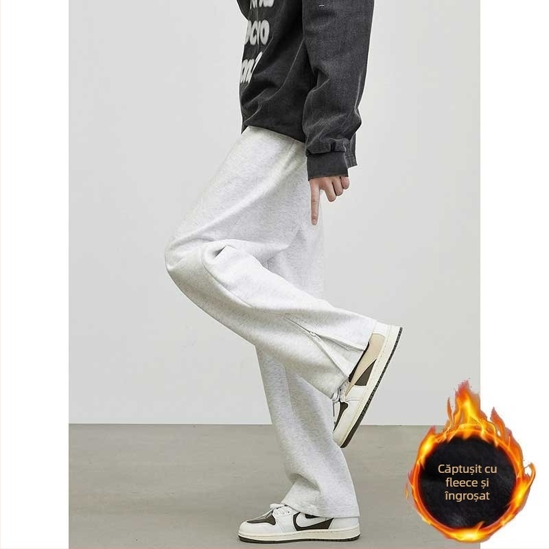 Pantaloni casual de iarnă pentru bărbați, cu fermoar și deschidere, croială ușor evazată, largi, căptuți cu fleece