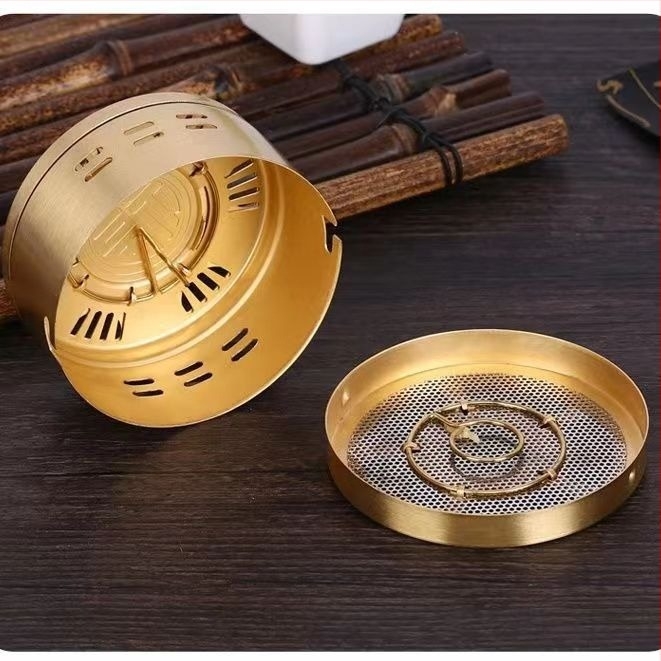 Cutie portabilă pentru moxibustie, carcasă din cupru și oțel, dispozitiv de încălzire pentru moxibustie, stil familie, Ø8 cm × 4,5 cm, 7 găuri