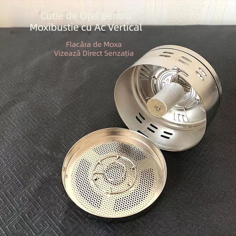 Cutie portabilă pentru moxibustie, carcasă din cupru și oțel, dispozitiv de încălzire pentru moxibustie, stil familie, Ø8 cm × 4,5 cm, 7 găuri