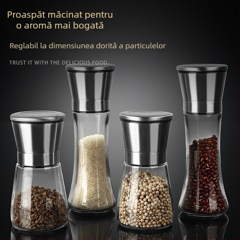 Râșniță de piper din sticlă, 304, alimentară, acționare manuală, mecanism demontabil