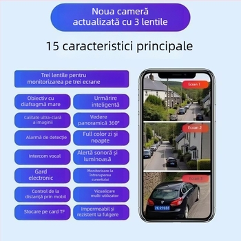 Cameră de supraveghere solară pentru exterior, cu trei lentile, acoperire de 360°, imagine ultra-clear, rezistentă la apă