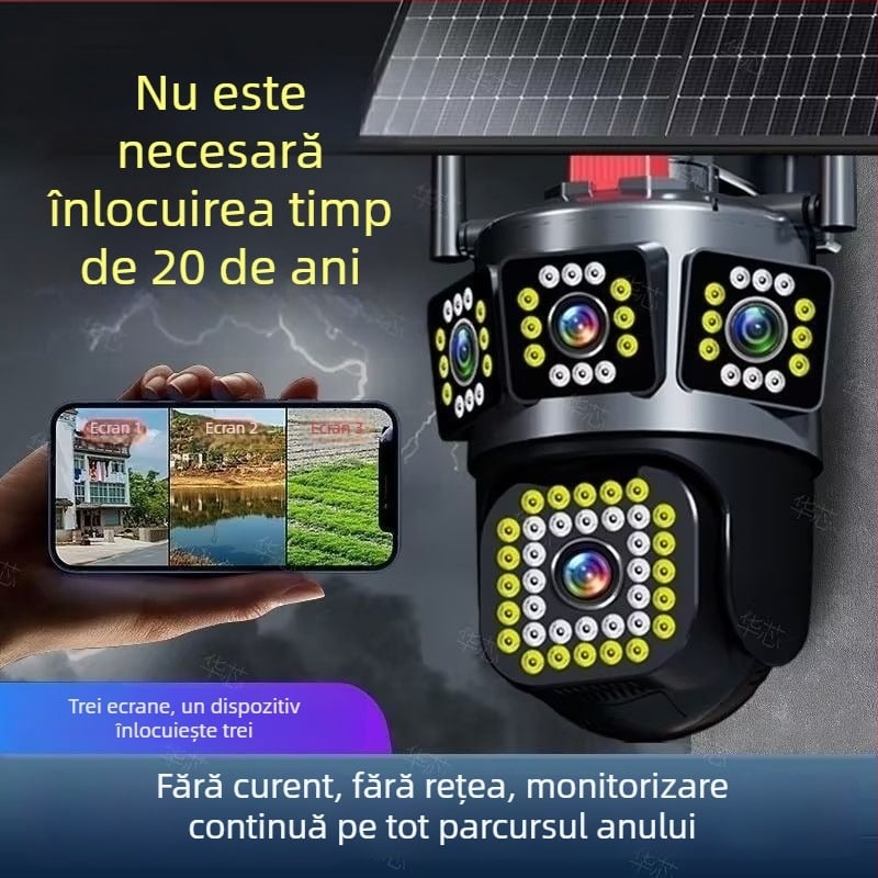 Cameră de supraveghere solară pentru exterior, cu trei lentile, acoperire de 360°, imagine ultra-clear, rezistentă la apă