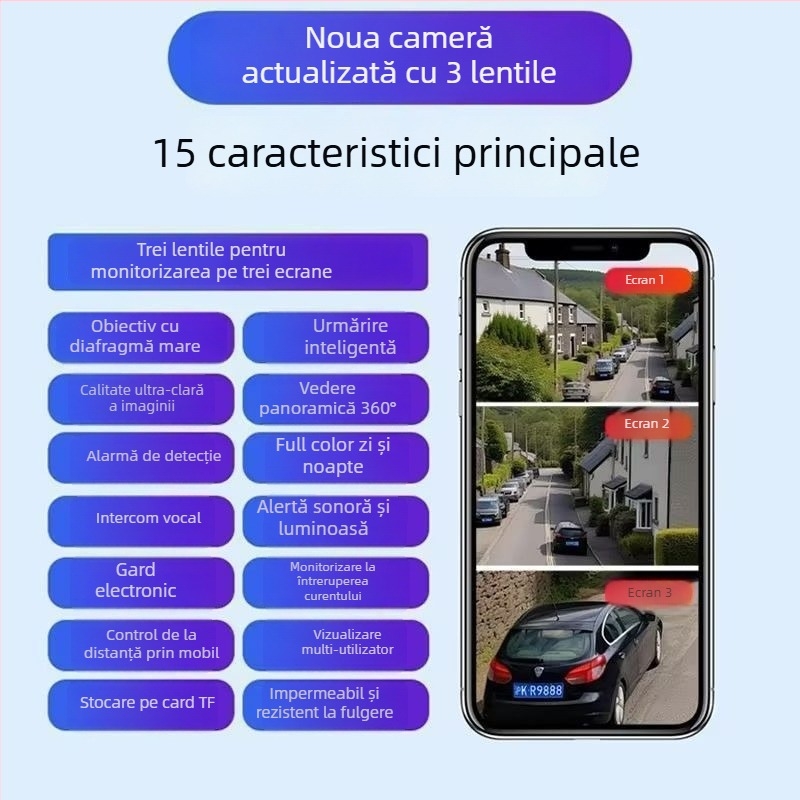 Cameră de supraveghere solară pentru exterior, cu trei lentile, acoperire de 360°, imagine ultra-clear, rezistentă la apă