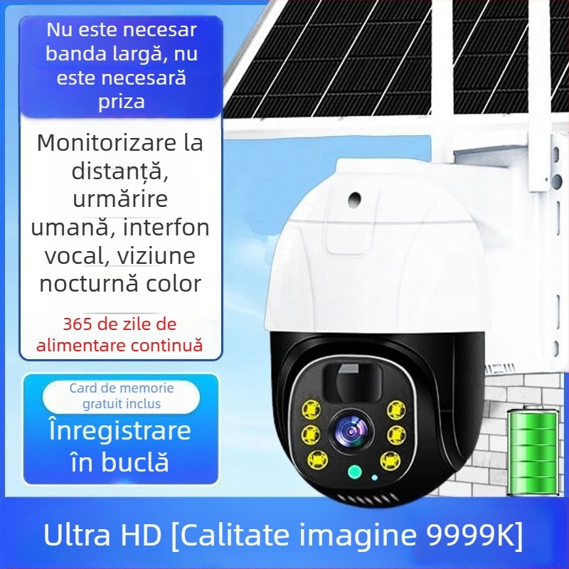 Cameră de supraveghere solară pentru exterior, cu trei lentile, acoperire de 360°, imagine ultra-clear, rezistentă la apă