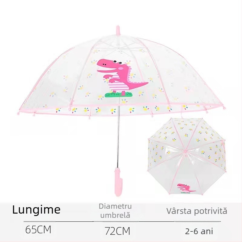 Umbrelă transparentă pentru copii cu bețe drepte, PVC gros, ușoară, mâner lung