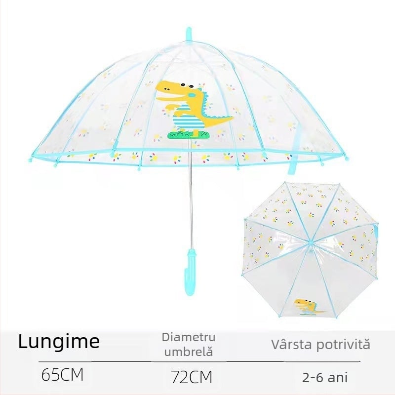 Umbrelă transparentă pentru copii cu bețe drepte, PVC gros, ușoară, mâner lung