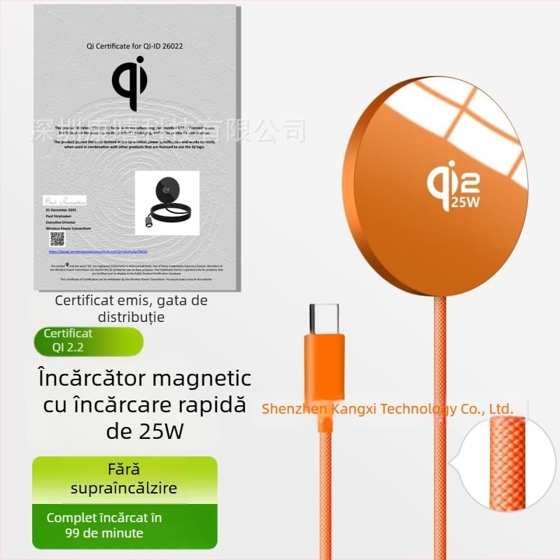 Qi2.2 25W Încărcător wireless rapid magnetic, ultra-subțire din aliaj de aluminiu, portabil, cu cablu