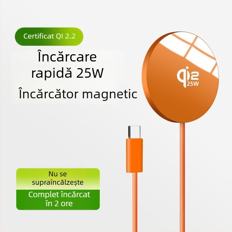 Qi2.2 25W Încărcător wireless rapid magnetic, ultra-subțire din aliaj de aluminiu, portabil, cu cablu
