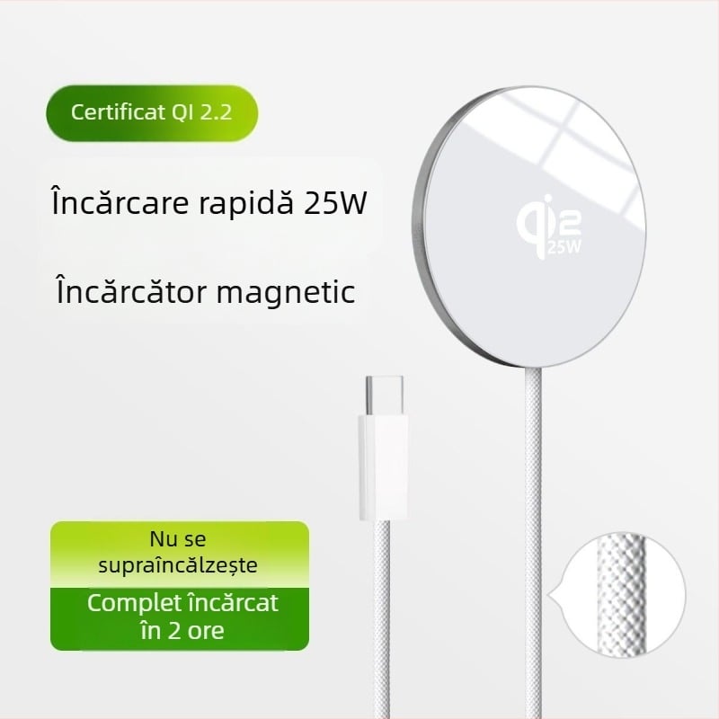 Qi2.2 25W Încărcător wireless rapid magnetic, ultra-subțire din aliaj de aluminiu, portabil, cu cablu