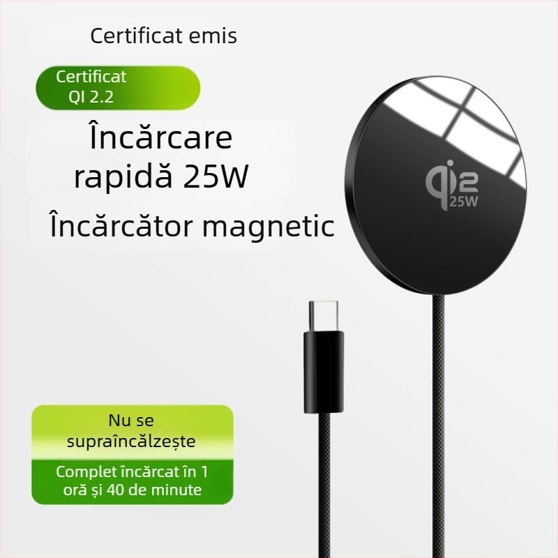 Qi2.2 25W Încărcător wireless rapid magnetic, ultra-subțire din aliaj de aluminiu, portabil, cu cablu