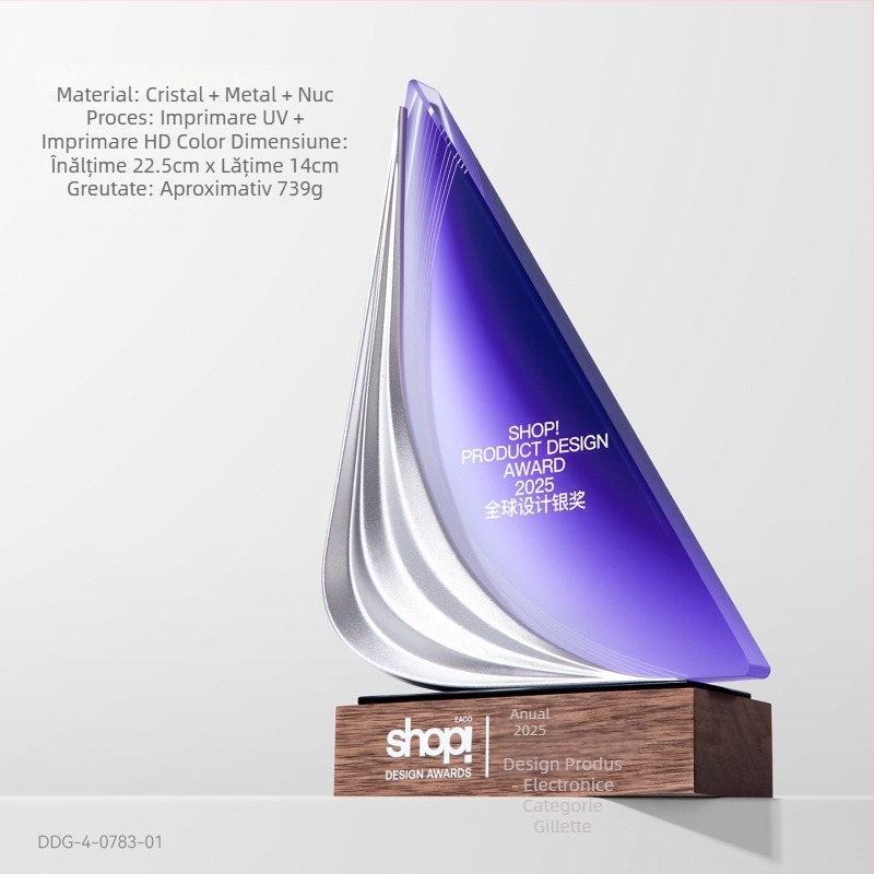 Trofeu de cristal cu gravură metalică, în formă de velier – premiu memorial personalizabil pentru întâlnire anuală