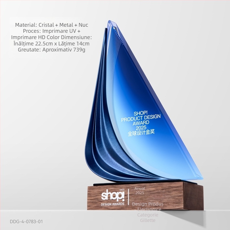 Trofeu de cristal cu gravură metalică, în formă de velier – premiu memorial personalizabil pentru întâlnire anuală