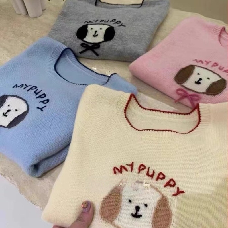 Top tricotat pentru femei, galben-crem, cu broderie cu un cățeluș, material ușor de vară ice-silk, guler rotund