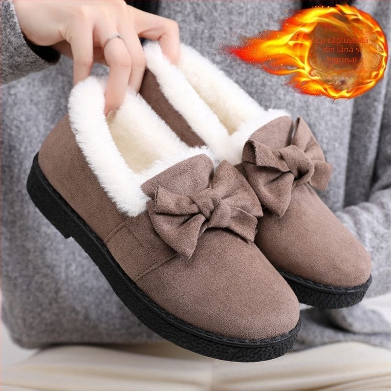Pantofi de damă din bumbac, în stil Beijing vechi, cu căptușeală fleece, calzi și groși, botine de zăpadă cu funda