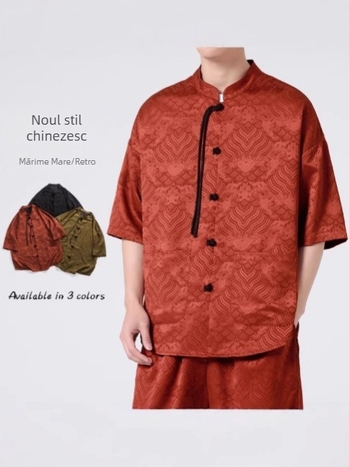 Cămașă bărbătească de vară în stil chinezesc, jacquard cu model floral închis, mâneci scurte, guler mandarin, croială lejeră