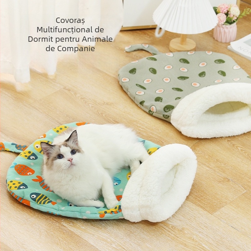 Cuib pentru pisici, cald iarna, complet închis, cu tunel și sac de dormit