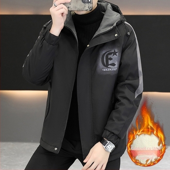 Jachetă de iarnă pentru bărbați cu glugă, căptușită cu fleece, stil coreean, croială slim, lungime scurtă
