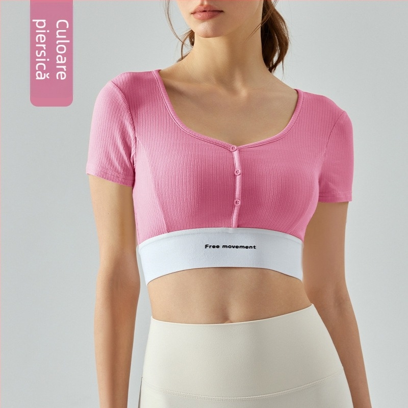Top de fitness slim-fit pentru femei, scurt, cu perne detașabile pentru bust, decolteu în formă de inimă, blocuri de culoare, top de yoga cu mâneci scurte