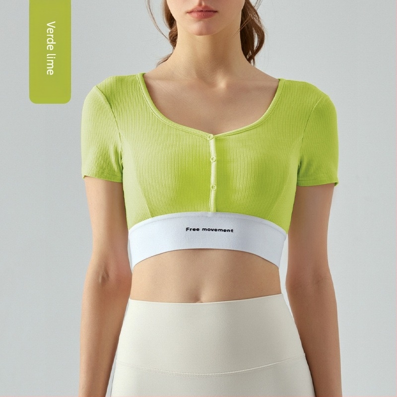 Top de fitness slim-fit pentru femei, scurt, cu perne detașabile pentru bust, decolteu în formă de inimă, blocuri de culoare, top de yoga cu mâneci scurte
