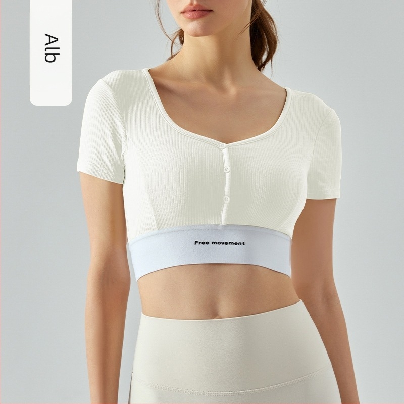 Top de fitness slim-fit pentru femei, scurt, cu perne detașabile pentru bust, decolteu în formă de inimă, blocuri de culoare, top de yoga cu mâneci scurte
