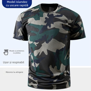 Tricou pentru bărbați cu mânecă scurtă din ice-silk elastic, camuflaj, uscare rapidă, respirabil, guler rotund