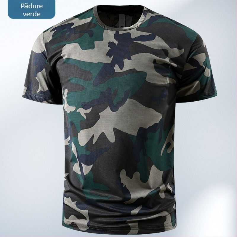 Tricou pentru bărbați cu mânecă scurtă din ice-silk elastic, camuflaj, uscare rapidă, respirabil, guler rotund
