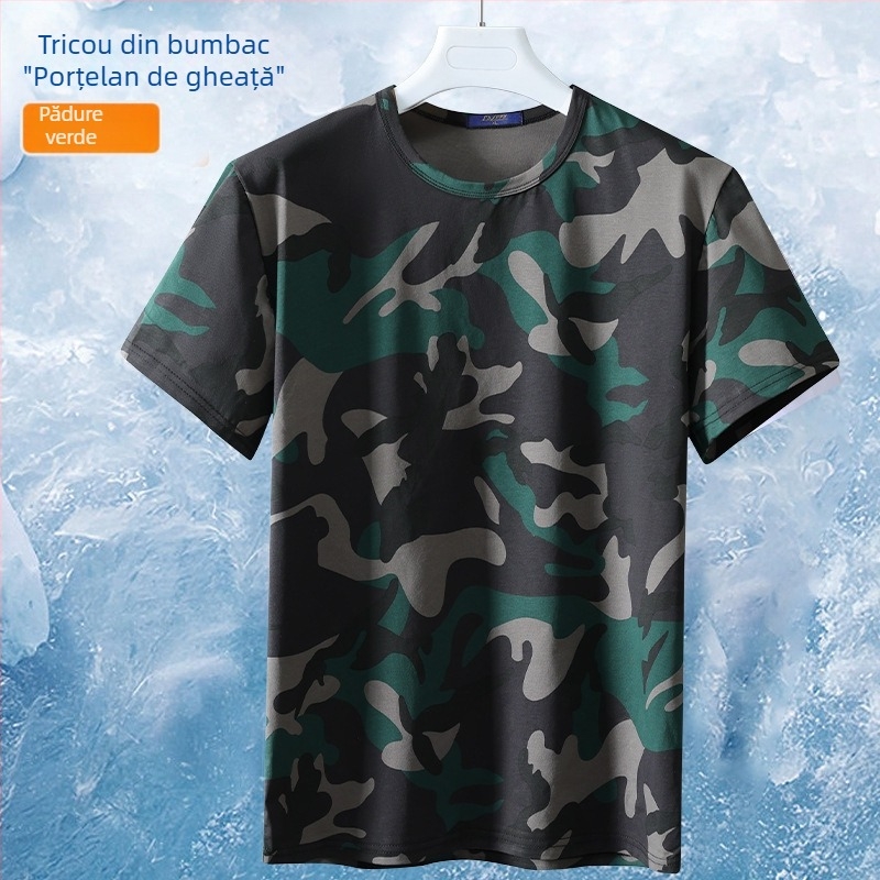 Tricou pentru bărbați cu mânecă scurtă din ice-silk elastic, camuflaj, uscare rapidă, respirabil, guler rotund