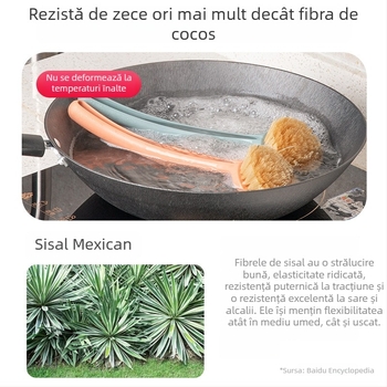 Perie pentru oale și boluri, cu mâner lung, perie de bucătărie cu fibre vegetale pentru spălat vase, elimină grăsimea fără a absorbi uleiul